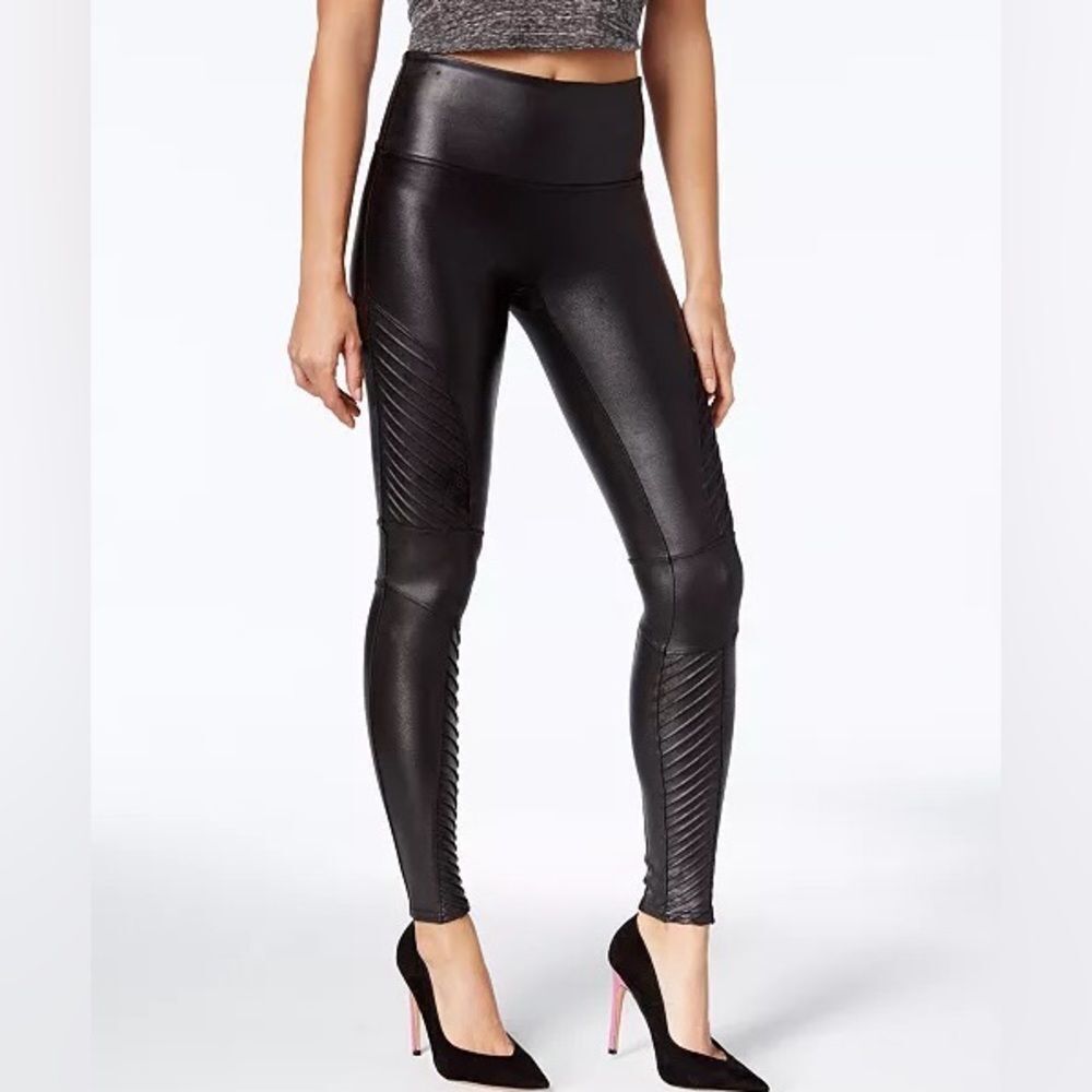 SPANX Faux Leather Moto Leggings Pull On Pin Tucks Shaping Waistband SP Black